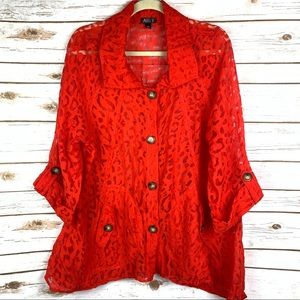 Sheer, lightweight, red, leopard print, Alli Y blouse, cardigan style Sz: XL